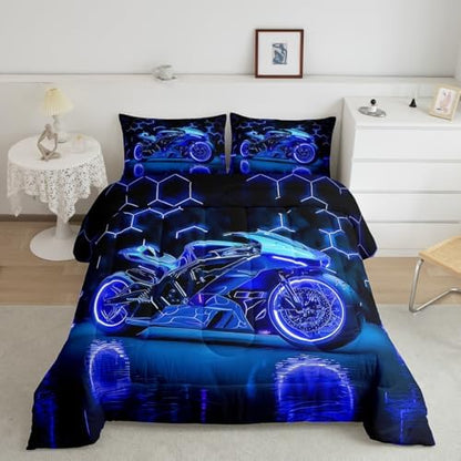 Feelyou Kids Boys Dirt Bike Comforter Set,Extreme Sports Bedding Set Queen Size,Boys Bedroom Room Decor,Racing Motocross Comforter,Blue Geometric Hexagon Racing Motocross Bed Set for All Season