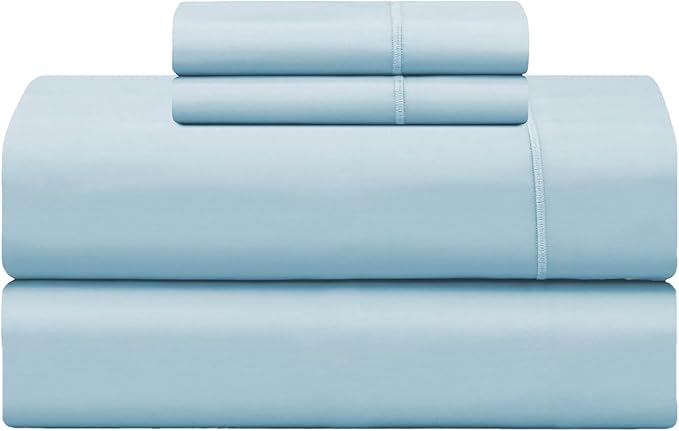 Feather & Stitch 500 TC Twin Size 3pc Damask Bed Sheet Set, 100% Soft Cotton Breathable Bedsheets, 18" Deep Pockets Sateen Weave Striped Bedding Mattress Resort Hotel Luxury Decor - (Feather Blue)