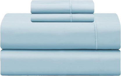 Feather & Stitch 500 TC Twin Size 3pc Damask Bed Sheet Set, 100% Soft Cotton Breathable Bedsheets, 18" Deep Pockets Sateen Weave Striped Bedding Mattress Resort Hotel Luxury Decor - (Feather Blue)