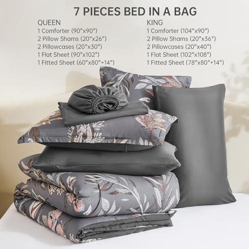 Luxudecor Floral Comforter Set Queen Bed in a Bag Set,7 Pieces Dark Gray Floral Comforter and Sheet Set,Soft Microfiber Bedding Sets for All Seasons (Dark Gray,90"X90")