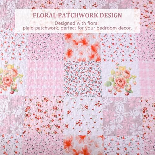 Mybedsoul Boho Quilt King Size, Patchwork Bedding Set, Pink White