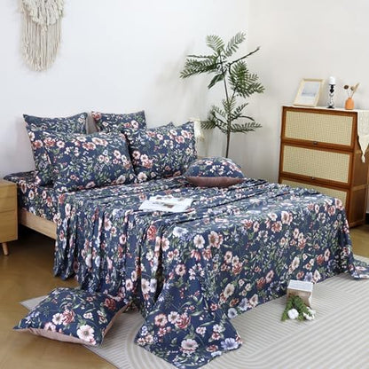 FADFAY Sheets Set Cal King Vintage Dark Blue Floral Bedding Shabby Peony Floral Sheets French Country Bedding 800 Thread Count 100% Egyptian Cotton Deep Pocket Fitted Sheet 4Pcs, California King Size