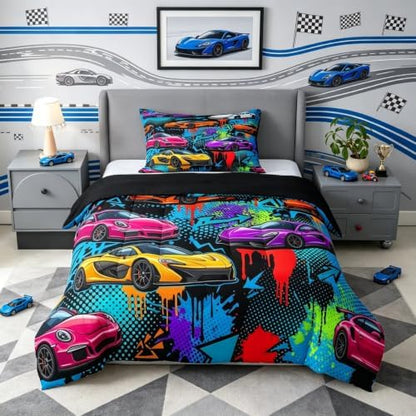 Feelyou Boys Sports Car Comforter Set All Season Speed Race Car Bedding Set with 1 Pillow Cases Racing Extreme Sports Kids Twin Bedclothes Automobile Bedroom Decor Duvet Quilt Breathable Soft
