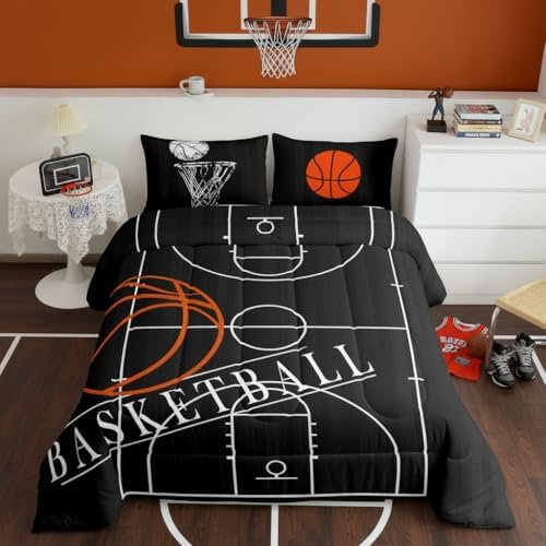 Erosebridal Boys Basketball Full Comforter Set for Kids Child Sports Theme Bedding Set, Ball Gamer Bedding Comforter Sets Basketball Printed Reversible Duvet Set, Black Quilted Comforter