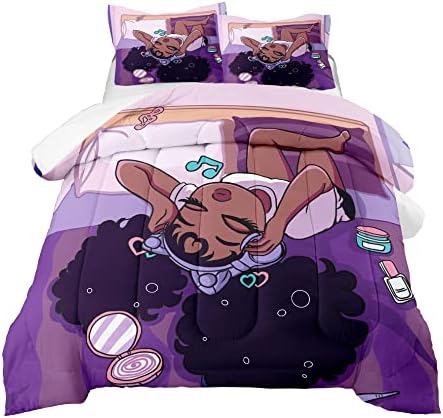 Black Girls Magic Comforter Sets, African American Soft Fluffy Comforter Duvet, Love Music Purple Girl Designs Full Size Afro Pretty Girls Comforter Set for Teens Kids Princess Cute Room Decor