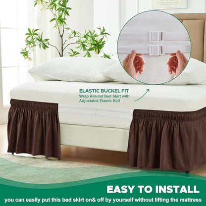 Wrap Around Bed Skirt Full Size 25" Drop-Elastic Long Dust Ruffle Brown