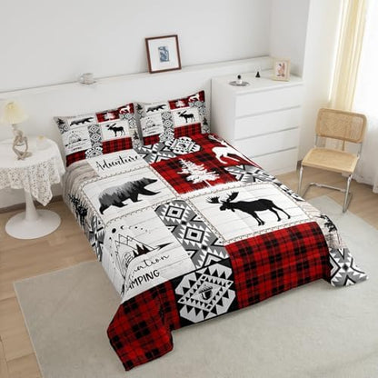 Deer Antlers Bear Kids Comforter Set King Size,Plaids Aztec Arrows Patchwork Bedding Set for Boys Girls Adults Room Decor,Rustic Adventure Xmas Down Comforter,Red Retro Duvet Insert,2 Pillowcases