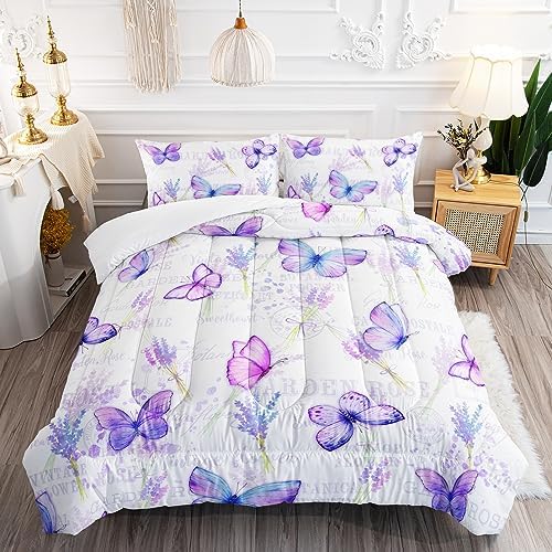 Butterfly Comforter Set Queen Size for Girls Kids Adults Lavender Flowers Pattern Bedding Set Aesthetics Butterflies Quilt Bed Set with 1 Comforter and 2 Pillowcases