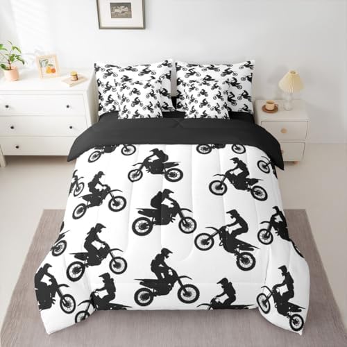 Feelyou Dirt Bike Twin Comforter Set with Sheets for Boys Girls Motocross Rider 7 Pieces Bedding Set Sporty Silhouette Design Bed in a Bag Outdoor Sports Room Decor Motorcycle Art Soft Lightweight