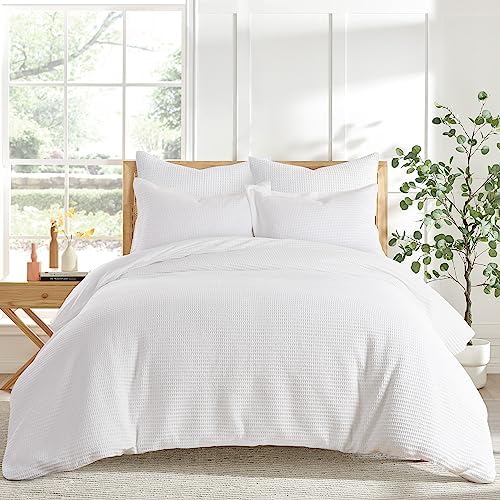 Levtex Home Cloud Waffle Full/Queen Comforter Set (90x94in) with 2 Pillow Shams (26x20in) - Solid Waffle Cotton Texture - Bright White - Cotton Full/Queen Size Comforter Set - Soft, Pre-Washed