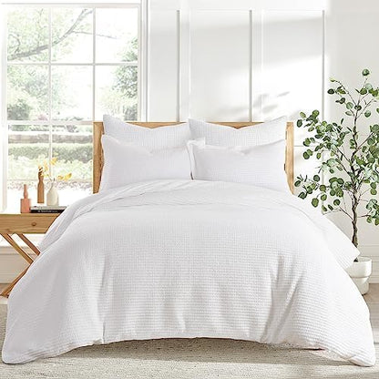 Levtex Home Cloud Waffle Full/Queen Comforter Set (90x94in) with 2 Pillow Shams (26x20in) - Solid Waffle Cotton Texture - Bright White - Cotton Full/Queen Size Comforter Set - Soft, Pre-Washed