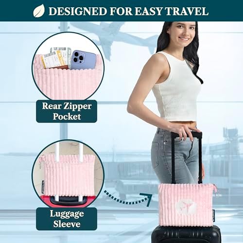 PAVILIA Travel Blanket Pillow, Soft Ribbed Fleece Airplane Blanket, Pink