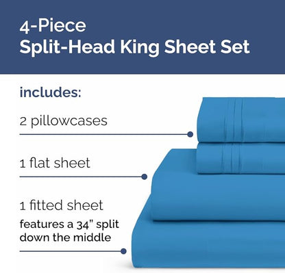 Flex Top Split Head King 4 Piece Sheet Set - Comfy Breathable & Cooling Bed Sheets Set - Hotel Luxury Bedding for Women, Men, Kids, Teens, Boys & Girls - Deep Pockets, Soft and Oeko-Tex - Denim Blue