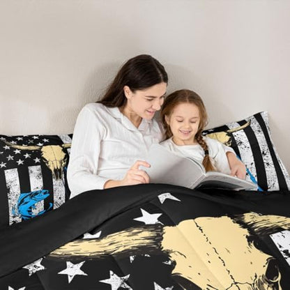 Erosebridal American Flag Bedding Sets Full, Hunting Fishing Comforter Set Cow Skull Quilted Duvet Fishing Rod United States Geometric Stripes Duvet Sets for Kids Teens Adult Bedroom, Black White