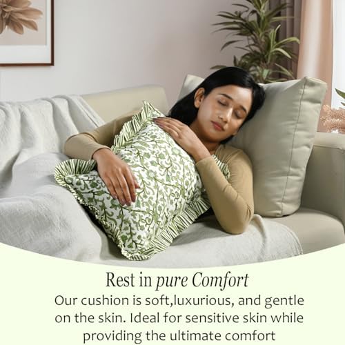 CPC Block Print Meadow Vine Ruffle Cotton Lumbar Pillow Cover 12x20 inch