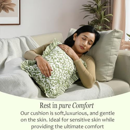 CPC Block Print Meadow Vine Ruffle Cotton Lumbar Pillow Cover 12x20 inch