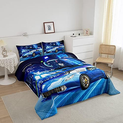 Feelyou Boys Extreme Sports Bedding Set - Race Car Down Duvet Comforter and 2 Pillowcases in Blue for Kids - Queen Size