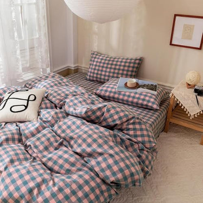 mixinni Plaid Duvet Cover Set King Purple - Soft Washed Cotton Modern Geometric Bedding Set with 2 Pillowcases, Pink Blue Gingham Grid King Duvet Cover for Men & Women, Soft & Lightweight
