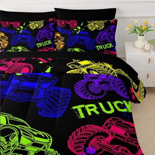 QOOMO Black Truck 7 Pieces Comforter Set Queen,Cars Bedding Set for Kids