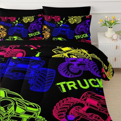 QOOMO Black Truck 7 Pieces Comforter Set Queen,Cars Bedding Set for Kids