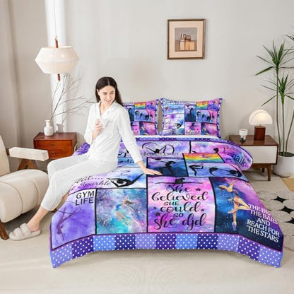 Manfei Gymnastics Comforter Set Full Size Gymnastics Lovers Bedding Set 3pcs for Gymnast Girls Teens Room Decor, Geometric Checkered Print Quilt Set Luxury Girly Duvet Set with 2 Pillowcases