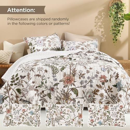 Litanika Floral White Quilt King - 3Pcs Botanical Birds Bedding Set
