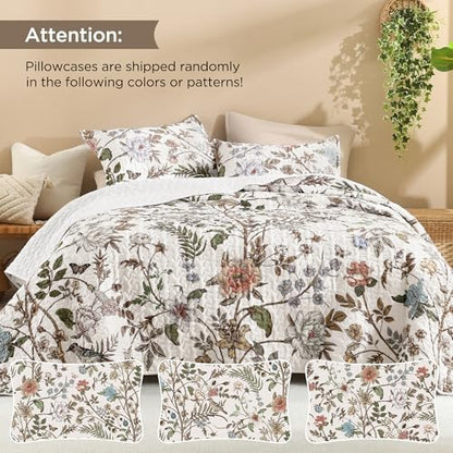 Litanika Floral White Quilt King - 3Pcs Botanical Birds Bedding Set