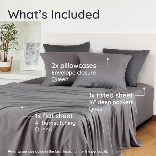 Bambaw 100% Viscose Derived from Bamboo Queen Sheet Set – 4pcs Soft Bedding Set, Deep Pocket Queen Cooling Sheets Fits Up to 16'' with Elastic Corner Straps (Dark Gray)