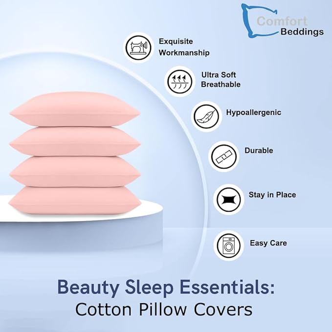 Comfort Beddings Standard Pillowcases Set of 4 – 100% Organic Cotton, 600 Thread Count Sateen, Soft & Comfy Pillow Covers with Envelope Closure, Blush, Standard Size 20 x 26 Inches