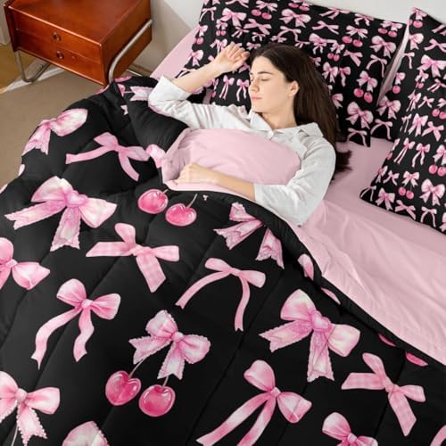 Pink Cherry Bow Comforter Set 7 Piece Bed in a Bag Twin, Cute Silk Ribbon Bowknot Bedding Sets Princess Bow Tie Comforter and Sheet Set, Dreamy Kawaii Room Decor,Girly Hot Pink and Black Room Decor