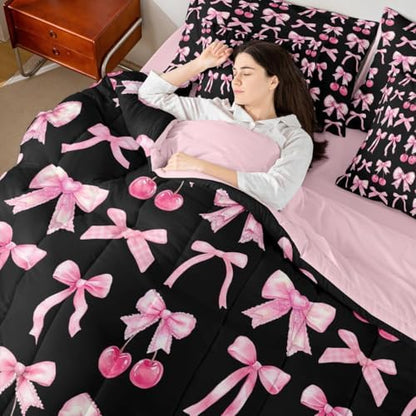 Pink Cherry Bow Comforter Set 7 Piece Bed in a Bag Twin, Cute Silk Ribbon Bowknot Bedding Sets Princess Bow Tie Comforter and Sheet Set, Dreamy Kawaii Room Decor,Girly Hot Pink and Black Room Decor