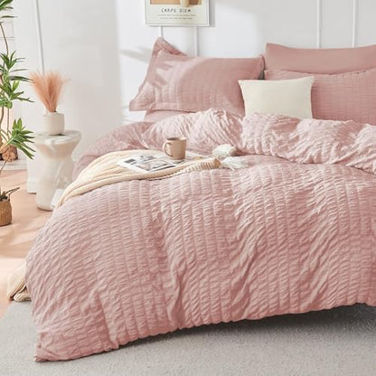 HYMOKEGE Rose Gold Full Size Comforter Sets Seersucker 7 Pieces, All Season Luxury Bed in a Bag for Bedroom, Bedding Set with Comforters, Sheets, Pillowcases & Shams