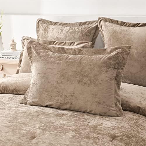 Fredsure Distressed Velvet Comforter Set, 5 Pieces Khaki Queen, Distressed Velvet Face and Brushed Microfiber Reverse