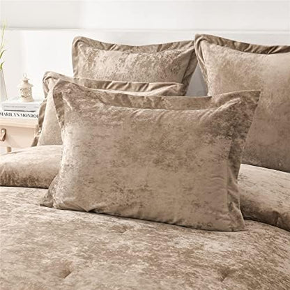 Fredsure Distressed Velvet Comforter Set, 5 Pieces Khaki Queen, Distressed Velvet Face and Brushed Microfiber Reverse
