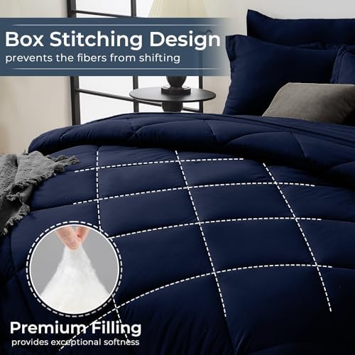 HEVUMYI 7-Piece King Comforter Set, Navy Bed in a Bag