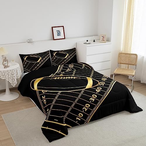 Castle Fairy American Football Comforter Set Full Size Geometric Lines Football Field Bedding Set for Kids Boys Girls Teens Room Decor Ball Sport Games Quilt Set Fashion Gold Black Duvet Insert 3Pcs