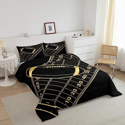 Castle Fairy American Football Comforter Set Twin Size Geometric Lines Football Field Bedding Set for Kids Boys Girls Teens Room Decor Ball Sport Games Quilt Set Fashion Gold Black Duvet Insert 2pcs