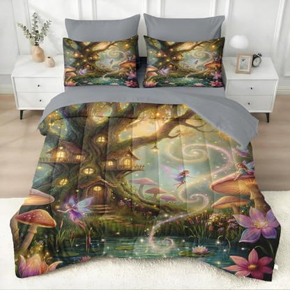 WeCozy Twin Comforter Set with Sheets, 5 Pieces Fairy Mushroom Bedding