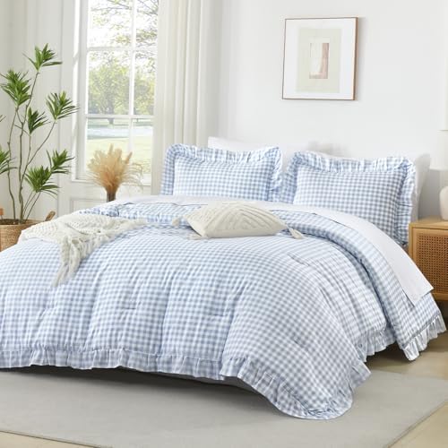 Andency Blue Gingham Ruffle Comforter Twin, 2 Pieces Vintage Bedding