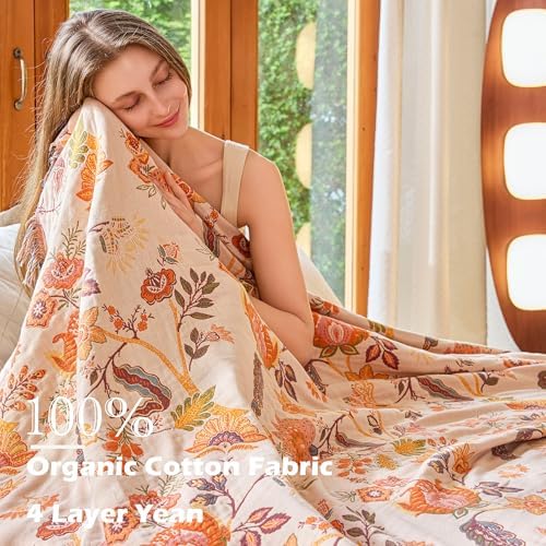 VANJOROY Boho Throw Blanket, 100% Organic Cotton Breathable Ultra Soft 91" x 108" King Bed Quilt Throw - All Season Floral Rustic Farmhouse Decor Luxury Blanket for Sofa Couch Chair and Gift