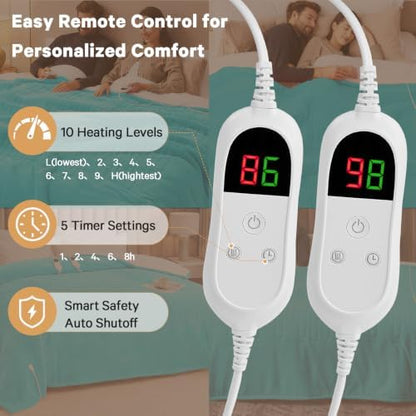 Heated Electric Blanket King Size, Dual Control, 90" x 100", Teal