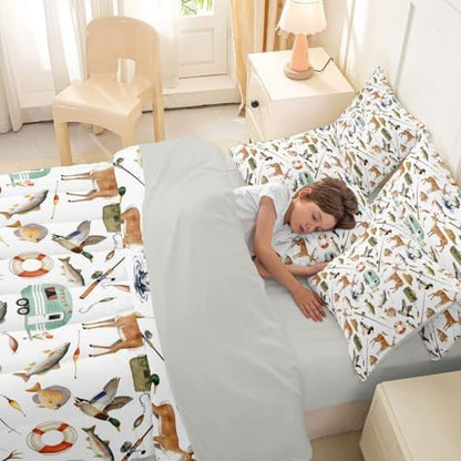 Erosebridal Hunting and Fishing 7 Piece Bed in A Bag Queen Comforter Set Mallard Duck Deer Hunting Bedding Set Boys Bass Fish Camper Car Sheet Set with Comforter Rustic Cabin Lake House Wild Quilt