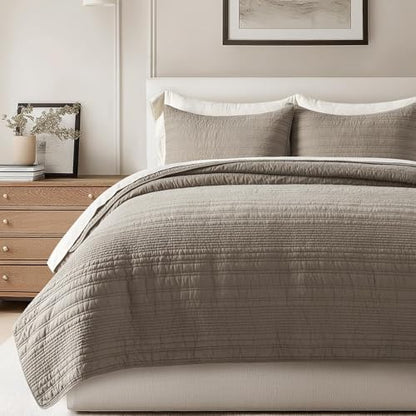 EVERGRACEHOME 100% Cotton Modern Lines Quilt Set Queen Size, Stone Taupe