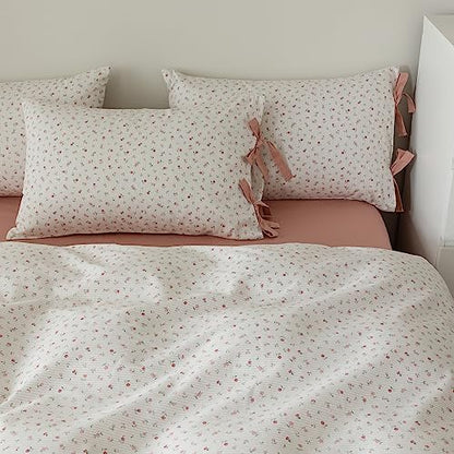VM VOUGEMARKET Flower Duvet Cover King Vintage Garden Pink Floral Bedding Set for Girls Women 100% Cotton 3 Pieces Stripes Comforter Cover with Zipper Ties,Off-White/Cream