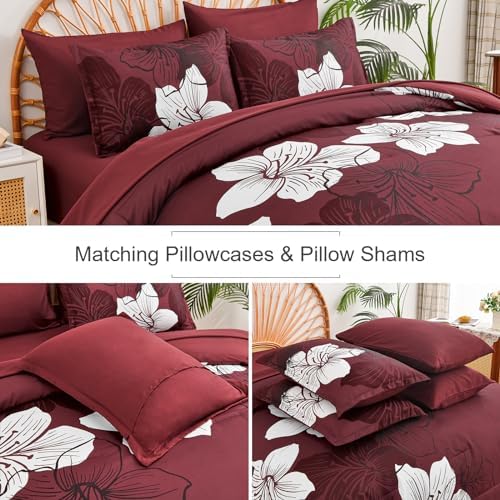Luxudecor 7 Pieces King Size Comforter Set, Burgundy Floral Bed in a Bag Comforter and Sheet Set, Soft Microfiber Lightweight Bedding Set for All Season 104"×90"
