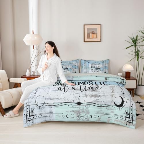 Erosebridal 7Pcs Camper Decorations Bedding Set for Boys Twin Size, Happy Camping Comforter Set, Boho Sun Moon Bedding Comforter Sets, Vintage Wooden Planks Sheet Set Rustic Farmhouse Decor, Blue