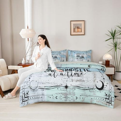 Erosebridal 7Pcs Camper Decorations Bedding Set for Boys Twin Size, Happy Camping Comforter Set, Boho Sun Moon Bedding Comforter Sets, Vintage Wooden Planks Sheet Set Rustic Farmhouse Decor, Blue