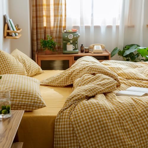 mixinni Yellow Gingham Comforter Set Full, Plaid Comforter Set 3 Pieces 1 Yellow Grid Comfoter with 2 Pillow Cases for All Seasons, Soft Fluffy Modern Grid Pattern Printed Bedding-Full Size