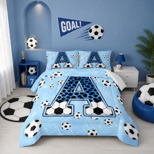 BSNTHO Soccer Comforter Set Twin Size, Blue Kids Comforter 3Pcs