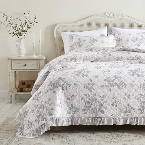 HORIMOTE HOME Greyish Blue Ruffled Quilt Twin Size with 1 Pillow Sham, Shabby Chic Reversible Floral Bedspread Coverlet, Soft Lightweight Comforter Bed Cover for All Season, 2 Pieces, 68x86 inches
